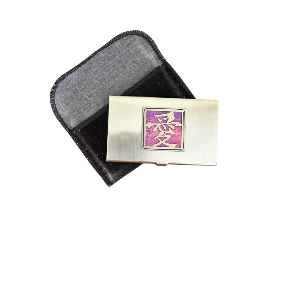 Silver Metal Business Card Holder Case Purple Kanji Love Symbol with Pouch